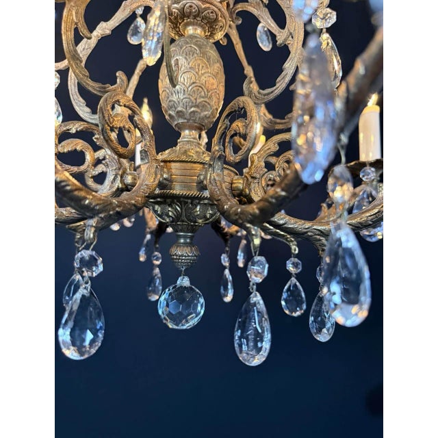Metal Vintage Chandelier- Vintage Spanish Brass Chandelier With 8 Lights & Faceted Crystal For Sale - Image 7 of 8
