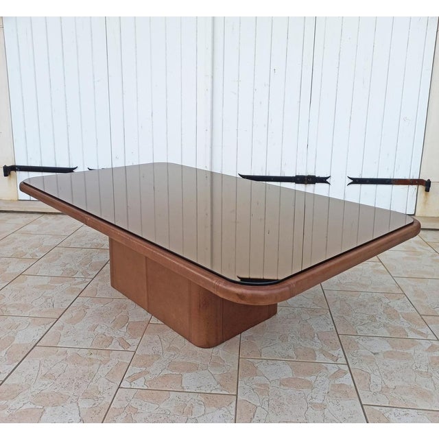 Leather Coffee Table with Glass Top, 1980s For Sale - Image 9 of 15