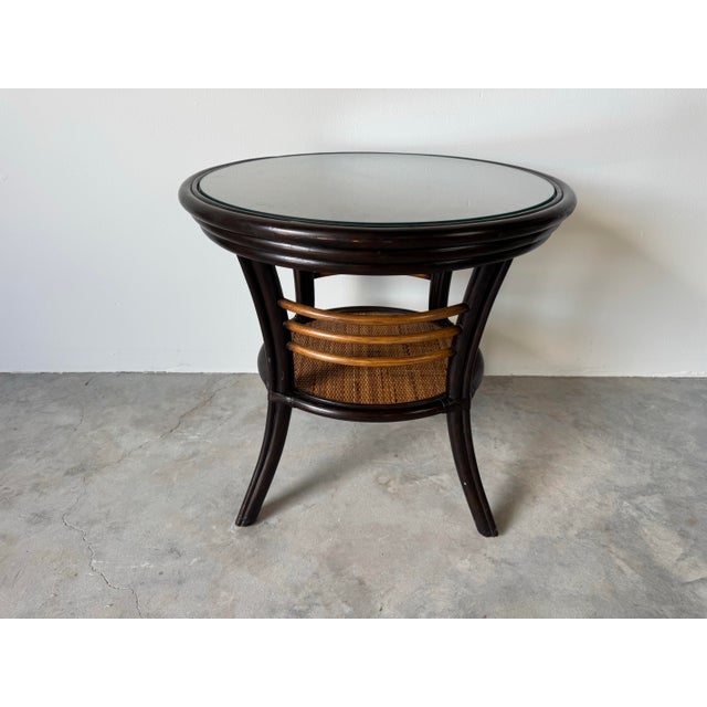 Palecek Coastal Rattan & Leather Accent Side Table With Glass Top For Sale In Miami - Image 6 of 10