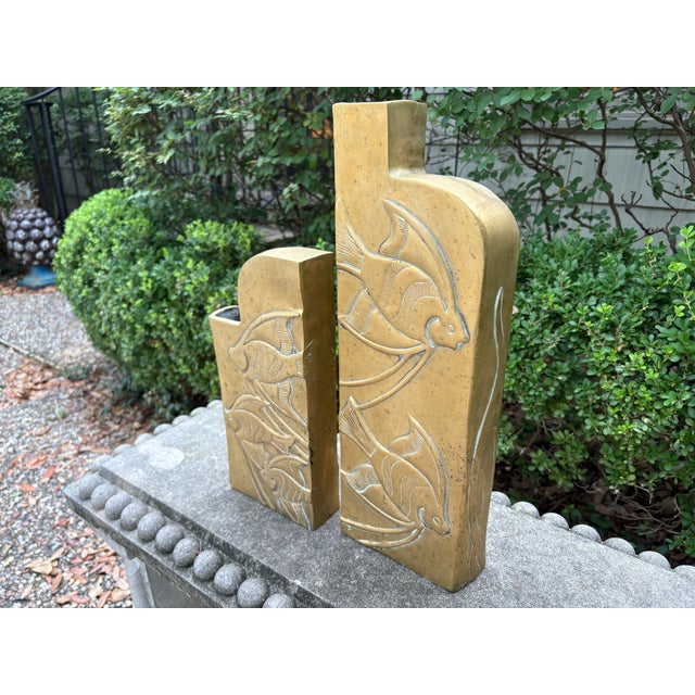 Brass 1980s Pair of Dolbi Cashier Brass Vases With Fish For Sale - Image 8 of 11