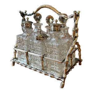 Late 19th Century Victorian English Bamboo Form Sheffield Silver Plate and Crystal Cruet Set- 7 Pieces