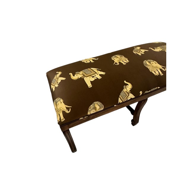 Mid 20th Century Mid 20th Century Silk Embroidered Elephant Print and Wood Frame Bench For Sale - Image 5 of 11