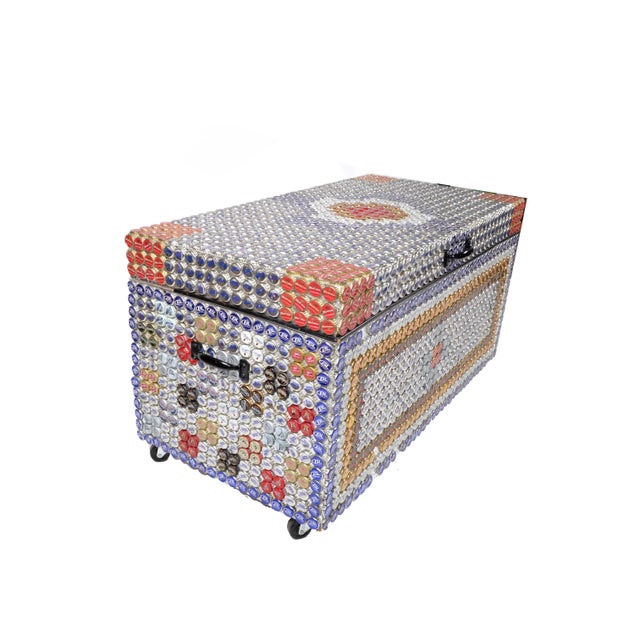 Modern Modern Folk Art Beer Bottle Caps Wood Blanket Chest on Casters For Sale - Image 3 of 13