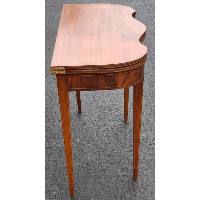 Pair of 19th Century Federal Satinwood Inlaid Mahogany Fold Top Card or Console Tables For Sale - Image 13 of 15