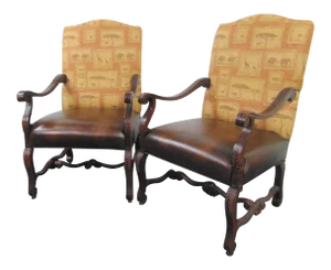 Italian Style Leather & Animal Tapestry Walnut Chairs - a Pair