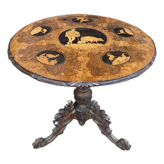Late 19th-Early 20th Century Carved and Inlaid Black Forest Table With Stags For Sale