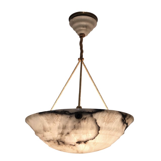 Early 20th Century Hand Carved French White+ Grey Alabaster W/Carved Detail, Alabaster Canopy +Cord For Sale - Image 13 of 16