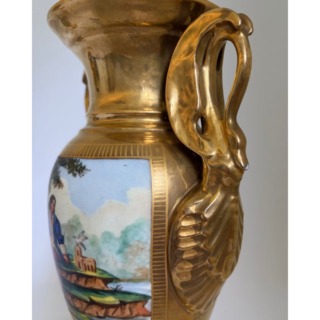 19th Century French Old Paris Gilt Porcelain Swan-Handle Urn Vases – Pair For Sale - Image 9 of 16