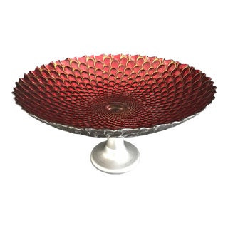 Vintage Mid Century Metal & Glass Red Gold & Silver Compote Bowl For Sale