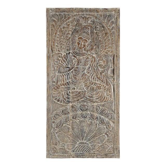Eclectic Hand Carved Wooden 35" X 72" Tall Buddha Panel Barn Door For Sale