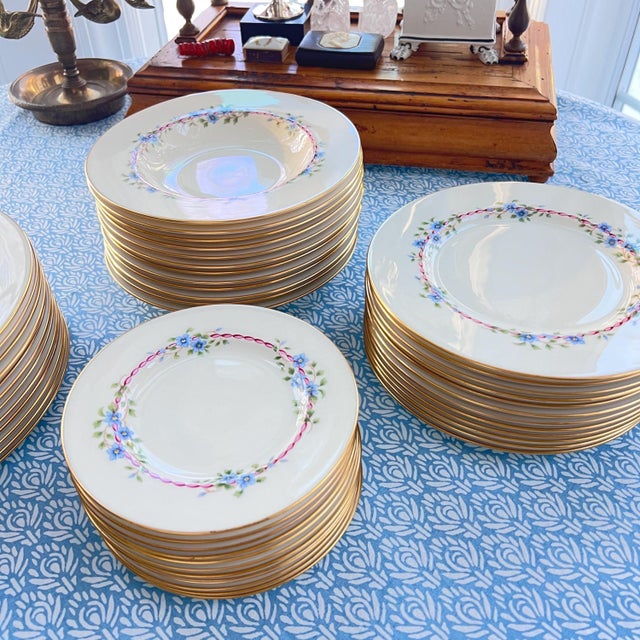 1980s Lenox “Belvidere” vintage fine china // 12 4-piece place settings // blue flowers and pink ribbon with gold rim // wedding gift For Sale In Kansas City - Image 6 of 8