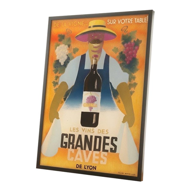 Monumental Original 1950s French Wine Advertising Poster – “Les Vins Des Grandes Caves De Lyon / Caussa” by Cristèn Lyon, Framed For Sale