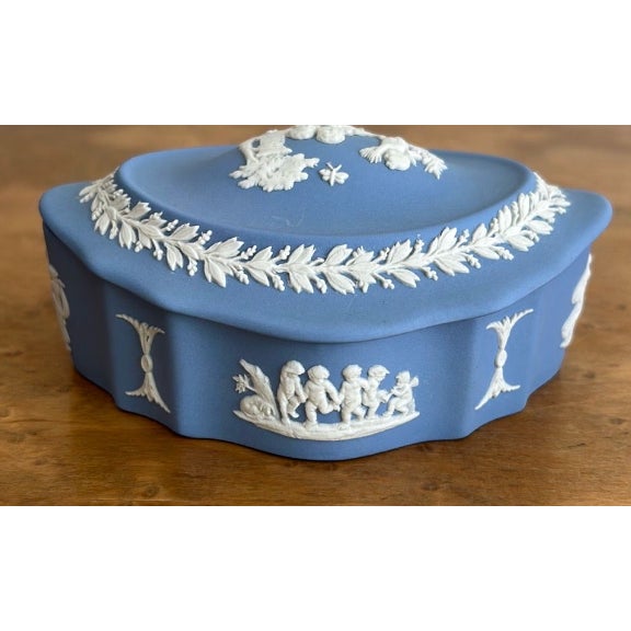 Vintage Wedgwood Blue Jasperware Oval Trinket Box For Sale - Image 11 of 12
