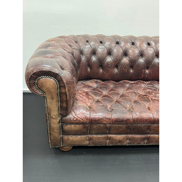1950s Vintage Aged Brown Tufted Leather Chesterfield Sofa Mid-Century- Great Patina! For Sale In Los Angeles - Image 6 of 11