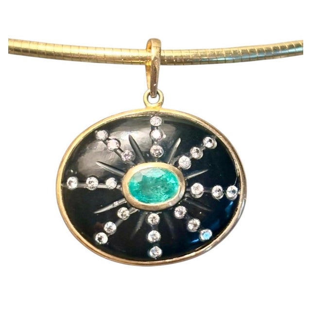 Modern Sol Pendant, Black Onyx With Emerald, Diamonds & 14k Gold For Sale - Image 3 of 11