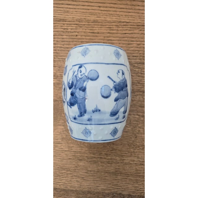 Mid 20th Century Vintage Chinese Blue and White Porcelain Miniature Drum Stool / Tabletop Garden Seat For Sale - Image 5 of 5