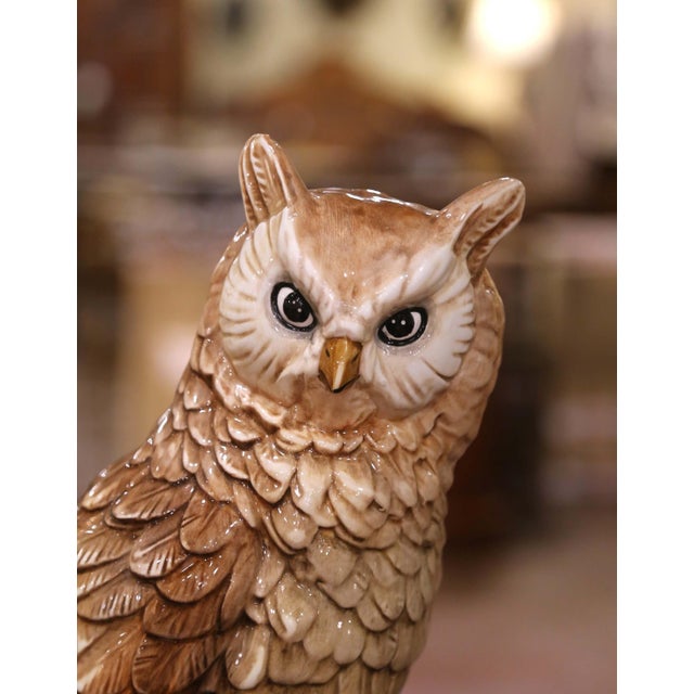 Italian Mid 20th Century Mid-Century Italian Hand Painted Glazed Ceramic Owl Sculpture With Foliage Base For Sale - Image 3 of 9
