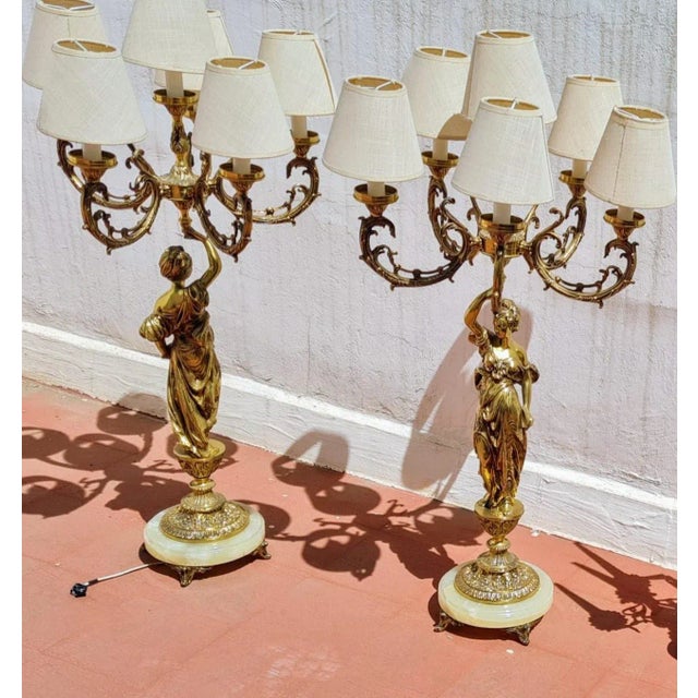 Large Classical Bronze and Marble Candelabra Lamps, 1960s, Set of 2 For Sale - Image 4 of 4