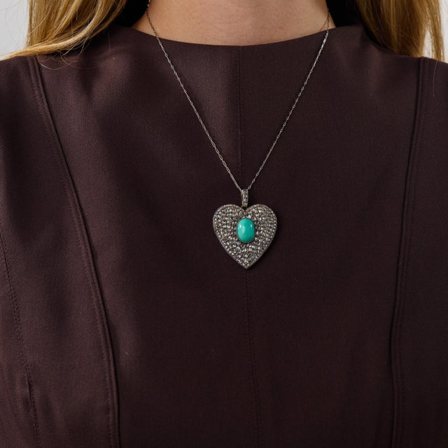Late 19th Century Late 19th Century Victorian Turquoise Diamond Silver Heart Pendant Necklace For Sale - Image 5 of 6