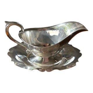 Vintage C. 1970’s Silver-Plate Gravy Boat With Attached Underplate For Sale
