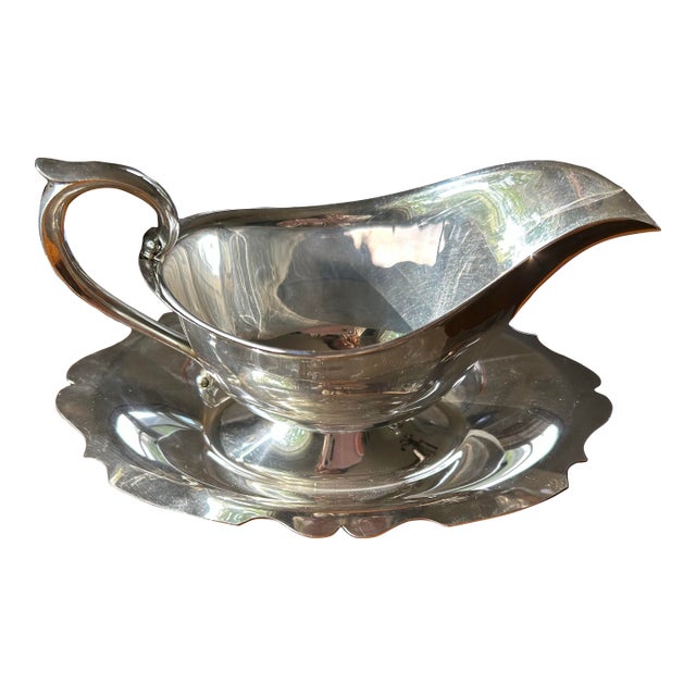 Vintage C. 1970’s Silver-Plate Gravy Boat With Attached Underplate For Sale