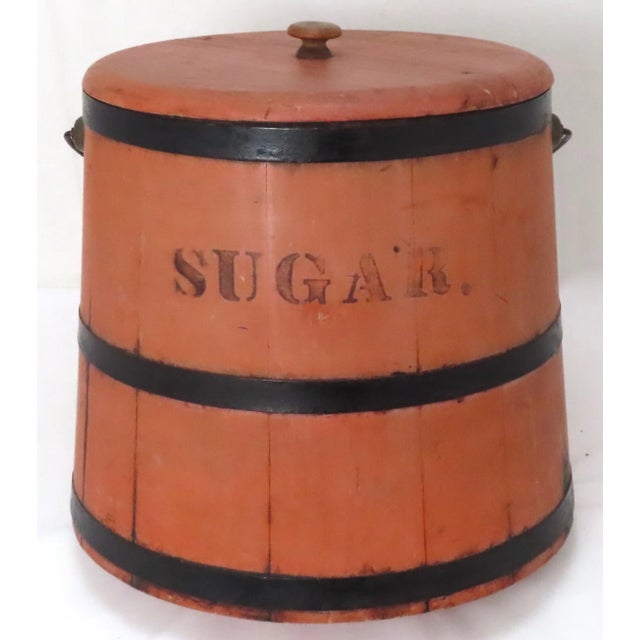 American Patent 1885 Antique American Hand Made Pine Sugar Bucket in Original Salmon Color Paint For Sale - Image 3 of 13