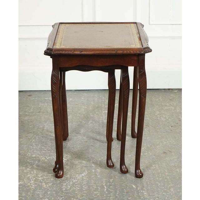 Animal Skin Vintage Nest of Tables with Queen Anne Legs and Brown Embossed Leather Top For Sale - Image 7 of 13