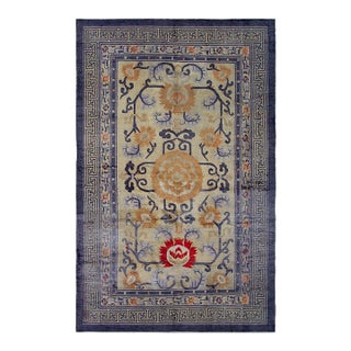 Marvelous Tan Beige and Blue Color With Chinoiserie Design Antique Chinese Ningxia Silk Rug For Sale