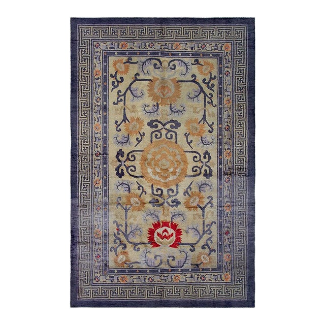 Marvelous Tan Beige and Blue Color With Chinoiserie Design Antique Chinese Ningxia Silk Rug For Sale