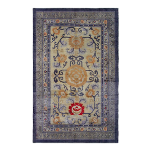 Marvelous Tan Beige and Blue Color With Chinoiserie Design Antique Chinese Ningxia Silk Rug