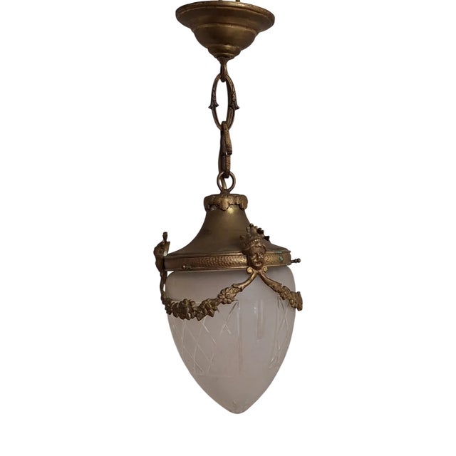 Antique French Brass Ceiling Lamp with Drop-Shaped Cut Glass Shade, 1900s For Sale