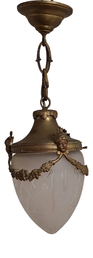 Antique French Brass Ceiling Lamp with Drop-Shaped Cut Glass Shade, 1900s