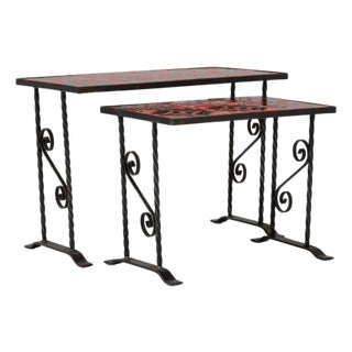 20th Century French Iron Nesting Tables With Ceramic Tops - A Pair For Sale