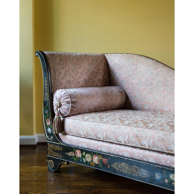 Beautiful mother of pearl inlaid Napoleon III recamier. The feminine curves are a precursor to art deco.