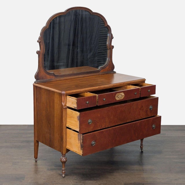 Traditional Antique Wooden Dresser With Mirror and Five Drawers For Sale - Image 3 of 10