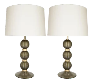 Hand Blown Smoked Moss Hued Murano Lamps With 24-Karat Gold Bands - a Pair