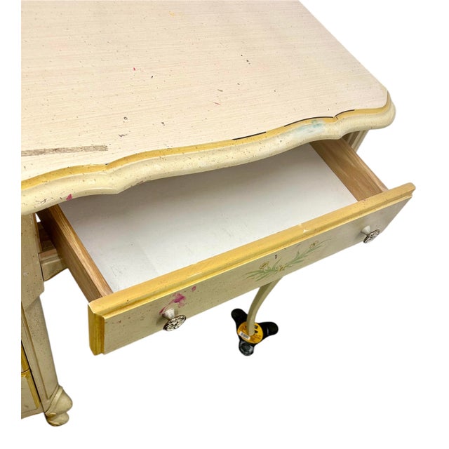 Yellow 1970s French Provincial Style Hand Painted Solid Wood Writing Desk Dresser Dressing Table Entry Vintage For Sale - Image 8 of 12