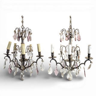 Six-Light Chandeliers with Polychrome Crystal Drops, Set of 2 For Sale