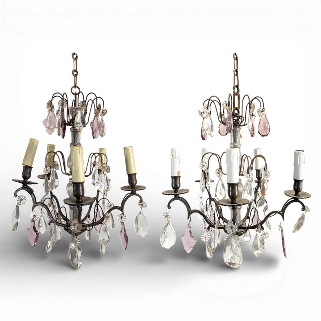 Six-Light Chandeliers with Polychrome Crystal Drops, Set of 2 For Sale