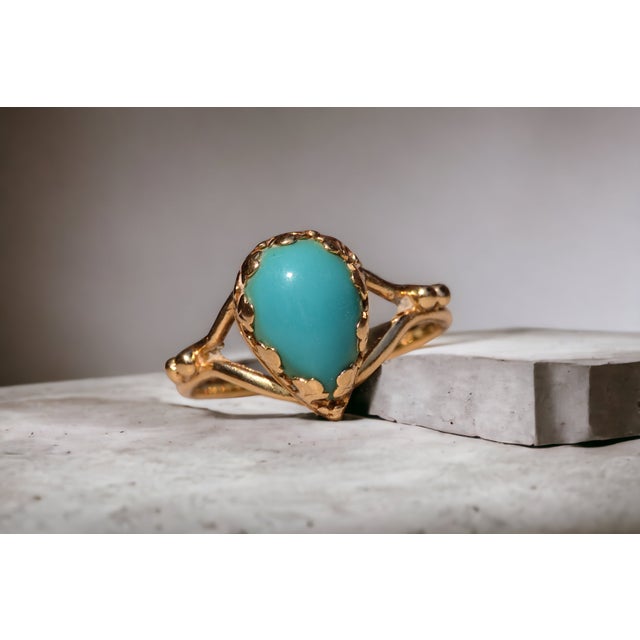 Contemporary The Sandpiper Lane: Vintage Mid Century Yellow Gold Turquoise Ring For Sale - Image 3 of 11