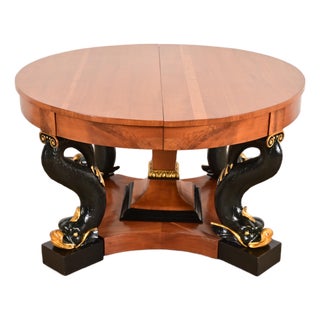 Antique Italian Regency Cherry and Burl Wood Parcel Ebonized Dolphin Base Monumental Extension Dining Table, Circa 1890s For Sale