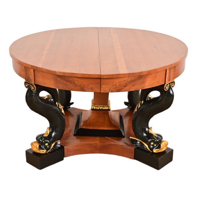 Antique Italian Regency Cherry and Burl Wood Parcel Ebonized Dolphin Base Monumental Extension Dining Table, Circa 1890s For Sale