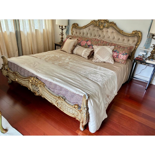 Vintage Italian Carved Painted Bed Frame Tufted Headboard Footboard Rails For Sale - Image 17 of 17