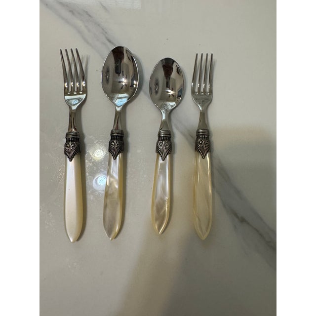 Mid 20th Century Stainless Steel Eme Inox Napoleon Flatware Set, Made in Italy From 18/10 Pearlized Acrylic Handler/Pearl Ivory Set for 8- 17 Pieces For Sale - Image 4 of 12