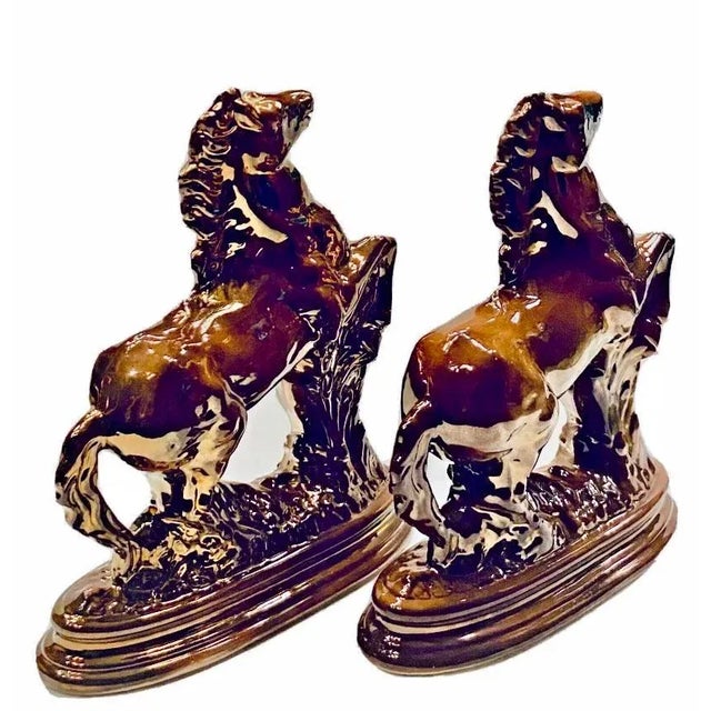 Antique Staffordshire Copper Luster Rearing Stallion Mantle Figurines, Circa 1910 For Sale - Image 6 of 11