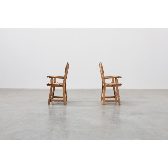 Brutalist Armchairs with Carved Rosettes and Nailed Wooden Seats, Spain, 1950s, Set of 2 For Sale - Image 4 of 12