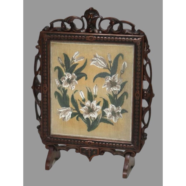 Brown Antique Victorian Carved Walnut Firescreen With Floral Beaded Needlework Panel For Sale - Image 8 of 12