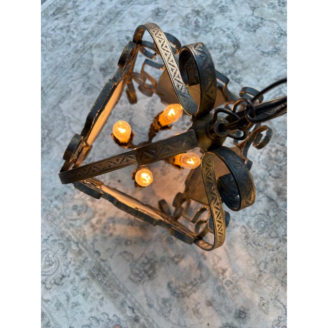 Rustic Vintage Gilded Lantern Pendant With Four Dimensional Porcelain Hand Painted Plaques For Sale - Image 3 of 10