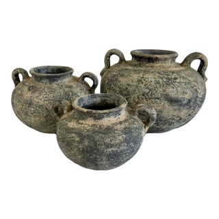 Vintage Rustic Amphora-Style Pots – Aged Earthenware Vessels With Handles- Set of 3 For Sale