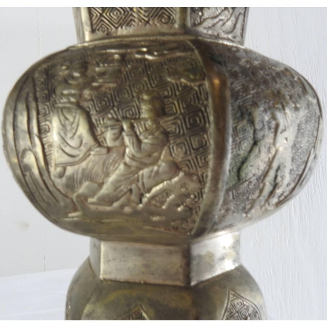 1900 - 1909 Pair of Bronze With Tinned Overlay Asian Vases For Sale - Image 5 of 11